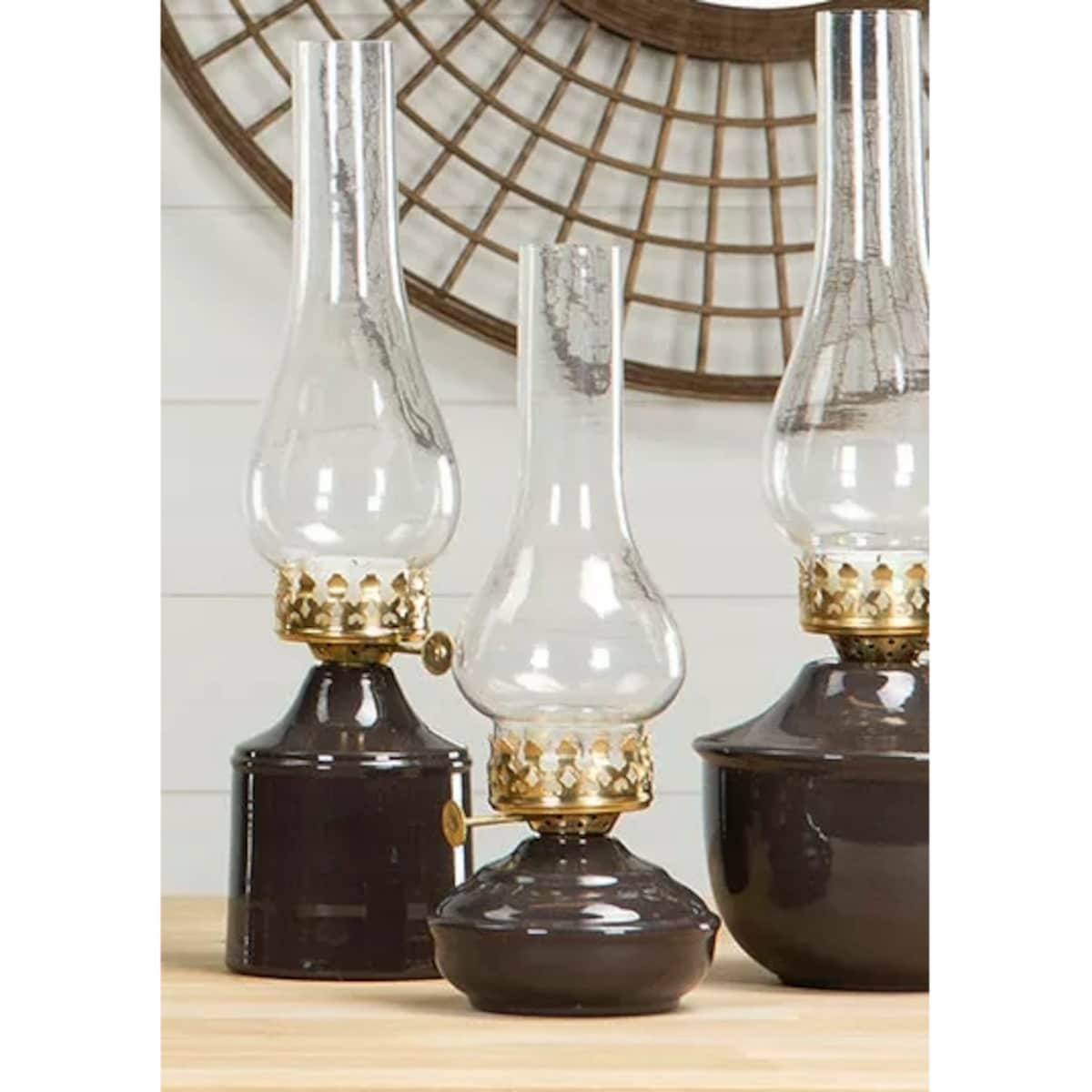 ŚWIECZNIK TEALIGHT LOFT BRĄZOWY imitacja lampy naftowej metal szkło 27cm