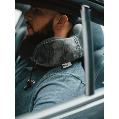 Poduszka podróżna na szyję Dr.Bacty - szara. Plus zatyczki do uszu i opaska na oczy