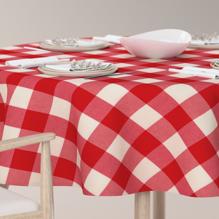 Obrus okrągły 160 x 160 cm czerwono-biała krata (5,5x5,5cm)