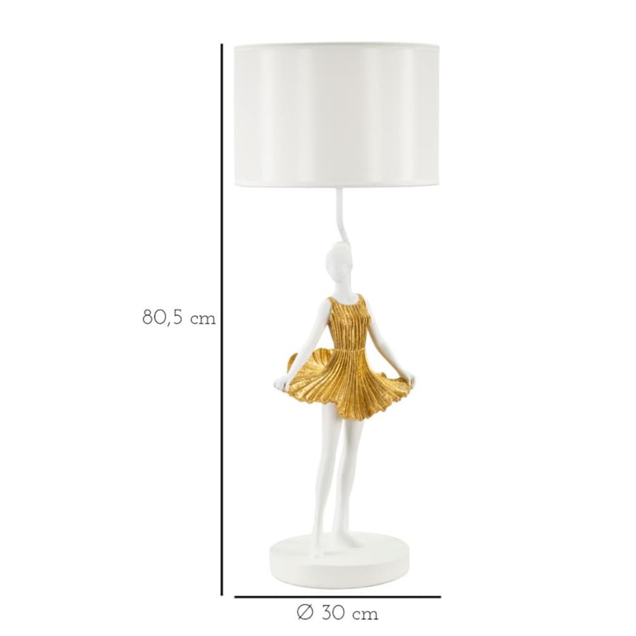 Lampa stołowa Dancer, kolor złoty i biały, żywica syntetyczna i żelazo, 30 x 30 x 90,5 cm, 1 x E27, max. 40 W, do salonu i sypialni, Mauro Ferretti