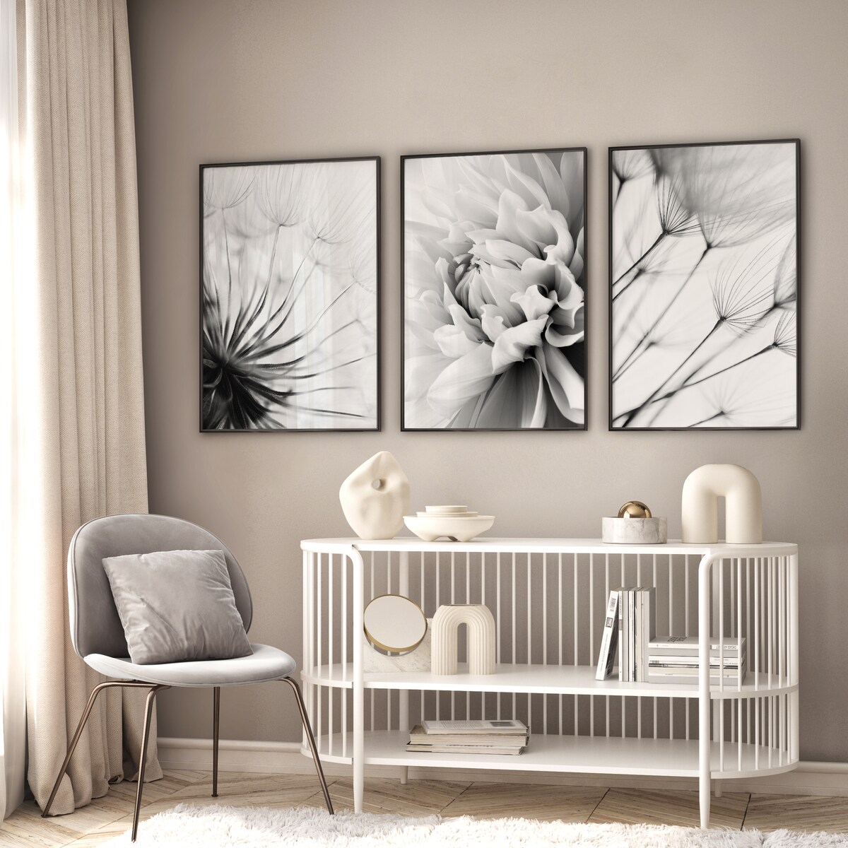 ZESTAW X3 PLAKAT W RAMIE CZARNO-BIAŁE KWIATY DMUCHAWCE DO SYPIALNI 60x80cm