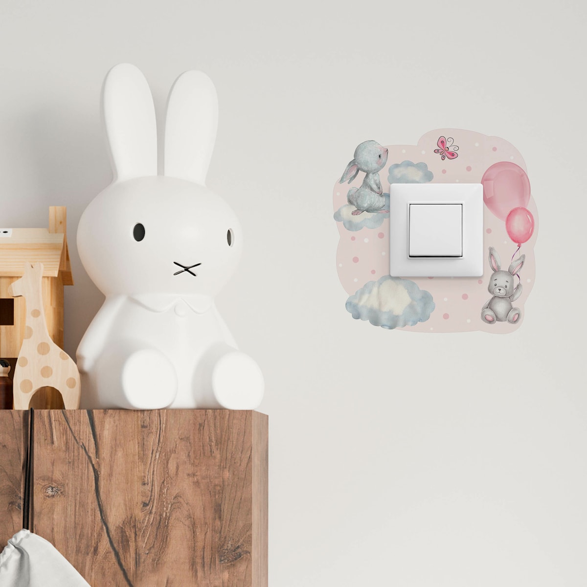 Naklejka Pod Kontakt Dla Dzieci Króliczki Różowe Balony Kropki Chmurki 20x20cm