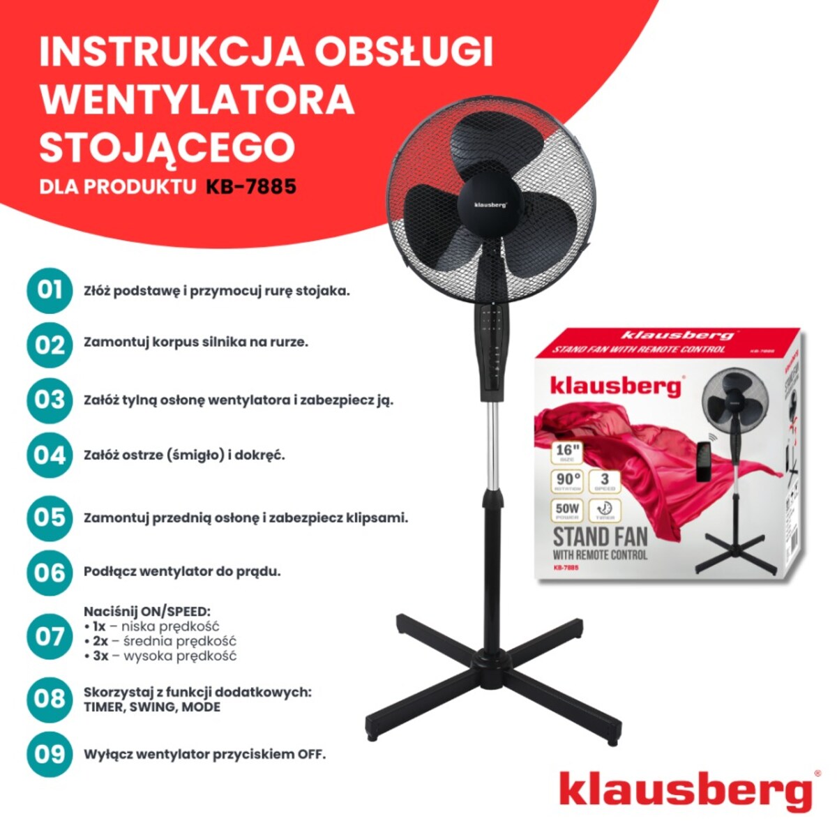 Wentylator podłogowy z pilotem i timerem 40cm 50W KLAUSBERG