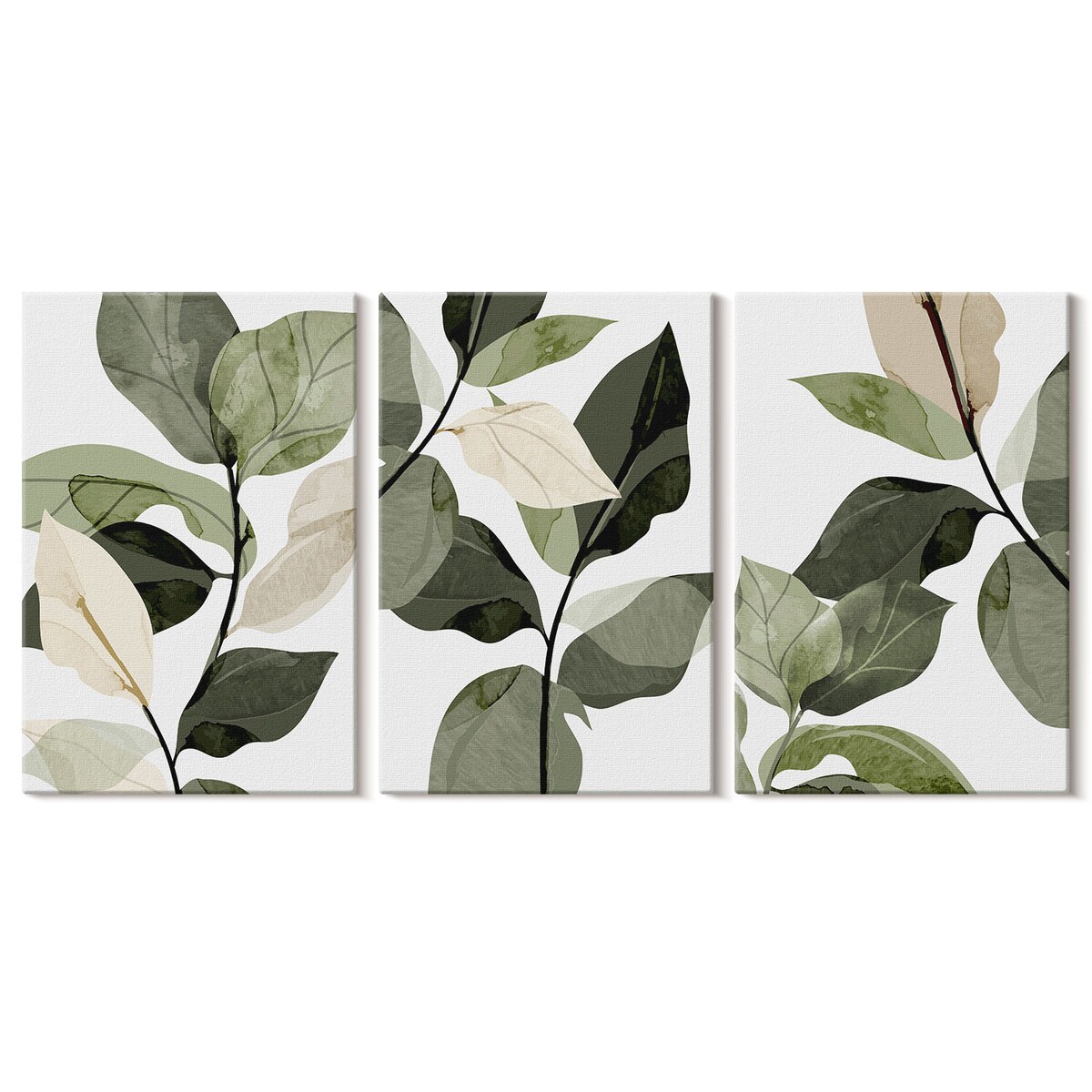 Zestaw 3 dużych obrazów na płótnie - Malowane liście roślin boho boho - zielony