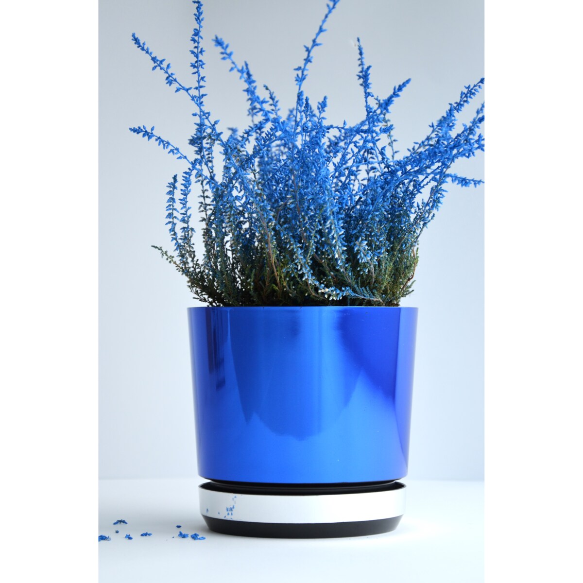 16 Doniczka DUO NIEBIESKA z podstawką LUSTRZANA dwukolorowa nowoczesna wysok połysk do storczyków krokusów orchidea szafirowy