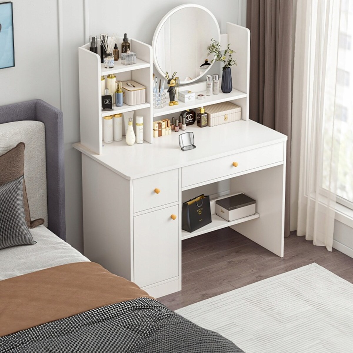 Toaletka z lustrem z szufladami biała glamour 100 cm