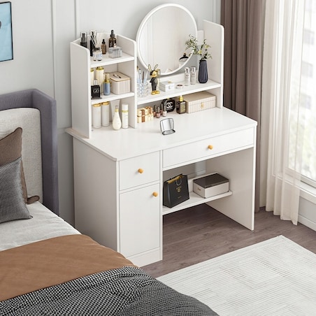 Toaletka z lustrem z szufladami biała glamour 100 cm