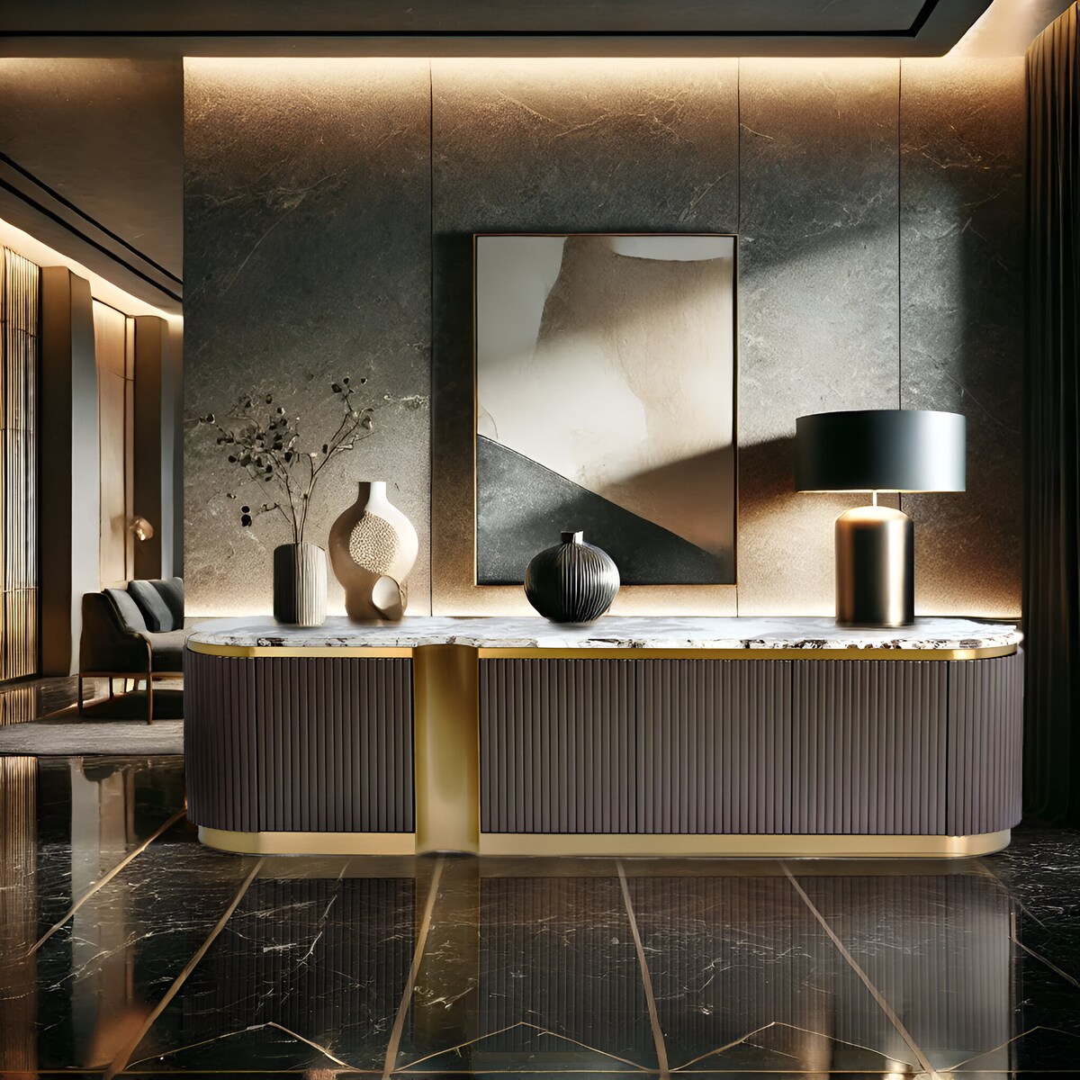 Ryflowana szafka RTV złota Nutris Glamour Premium z blatem marmurowym 200x40x50