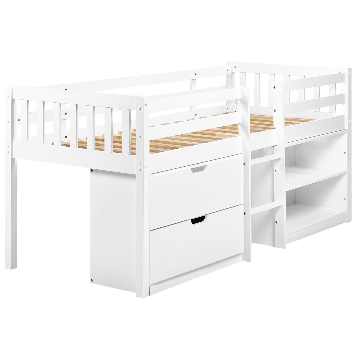 Łóżko dziecięce na podwyższeniu z szufladami drewniane 90 x 200 cm białe SUSVILLE