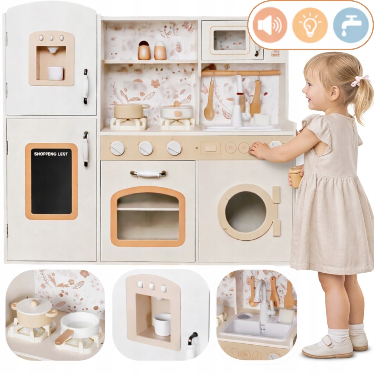 Drewniana kuchnia XXL dla dzieci Cook&Play światło, dźwięk - lodówka, piekarnik, pralka