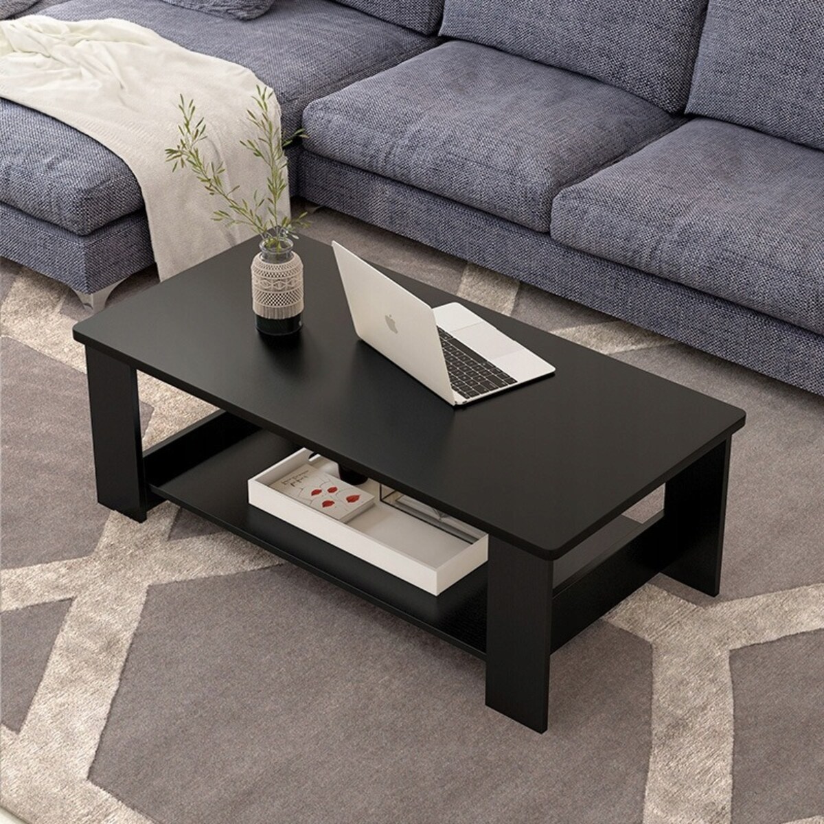 Stolik kawowy nowoczesny ława z półką pokój salon duży loft czarny 100 cm