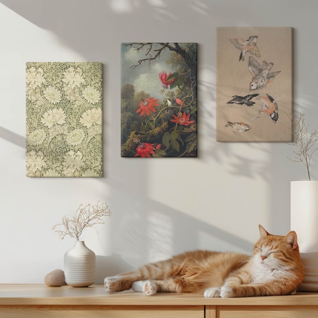 Zestaw 3 małych obrazów na płótnie - Kwiaty ptaki przyroda natura - zielony