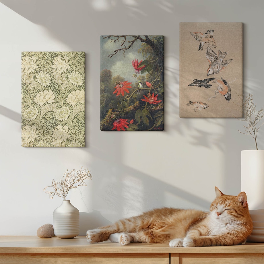 Zestaw 3 małych obrazów na płótnie - Kwiaty ptaki przyroda natura - zielony