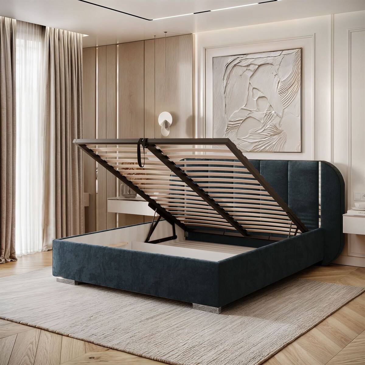 Łóżko tapicerowane AMARA SILVER, pojemnik, stelaż 32, 140x200, Royal Velvet 87233