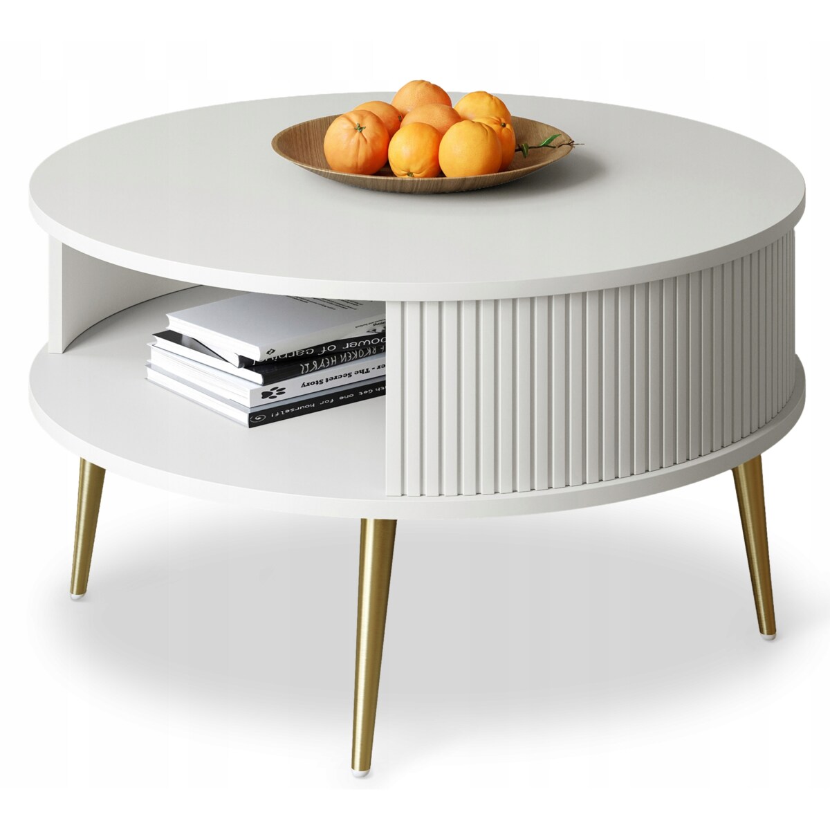 Stolik Kawowy Okrągły DO SALONU Biały Złote Nogi Lamele GLAMOUR 76cm