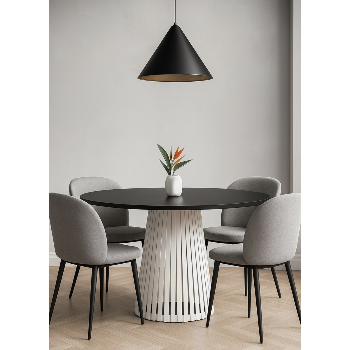 Stół VIV okrągły z lamelami do salonu, blat 90 cm czarny -podstawa kaszmir
