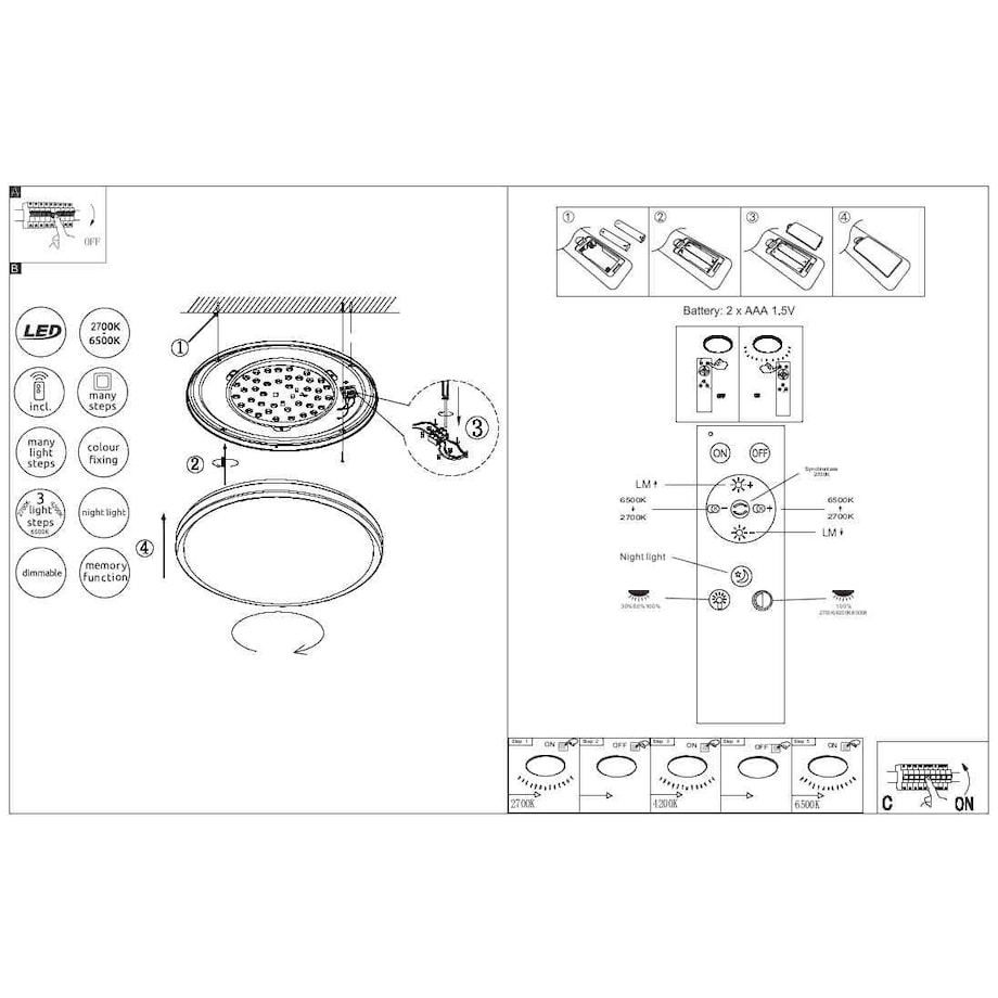 Nowoczesna LAMPA sufitowa MANNI 41759-24 Globo okrągły plafon LED 24W 2700K - 6500K z pilotem czarny