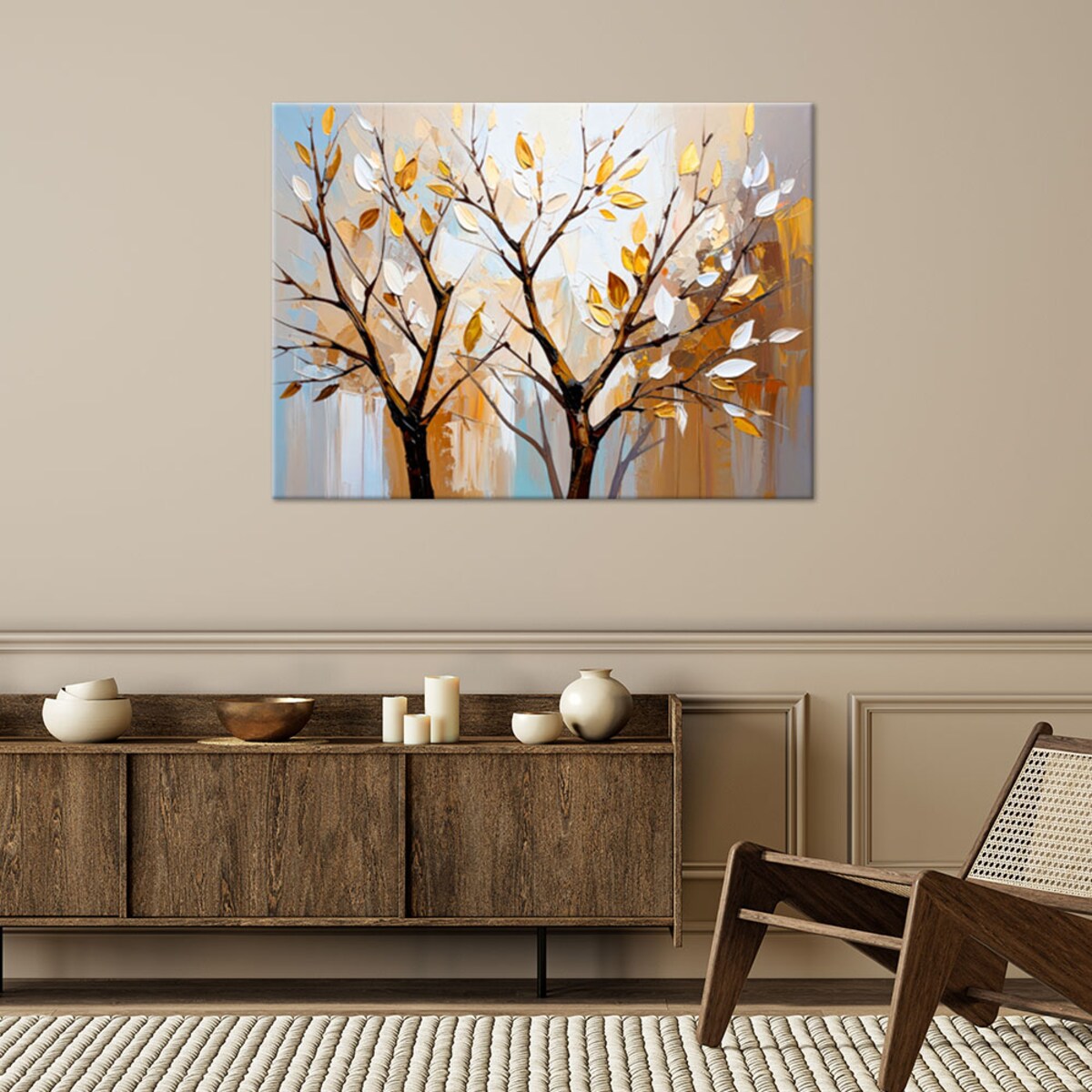 Feeby Obraz nowoczesny do salonu jak malowany, Liście Gałązki w beżu 120x80