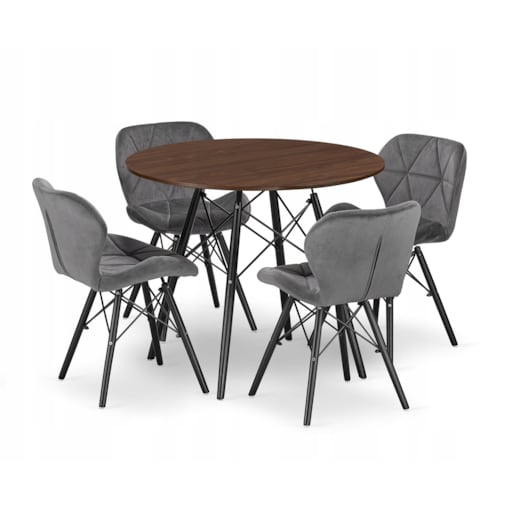 Zestaw Stół+ 4 Krzesła Szare Do Jadalni Kuchni Salonu Biura Okrągły Brązowy