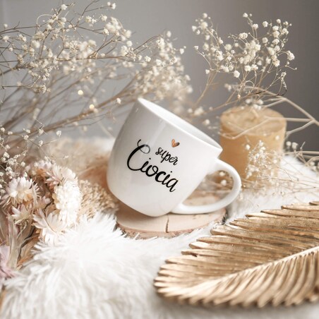 Biały Kubek Porcelanowy 300 ml - Napis Super Ciocia i Złote Serce dla Cioci na Urodziny