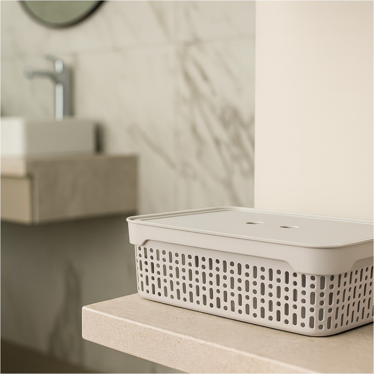 5X Koszyk Koszyczek Ażurowy Plastikowy Na Kosmetyki Do Łazienki Pojemnik Z Pokrywką Zamykany Z Dziurkami Jasnoszary Zestaw