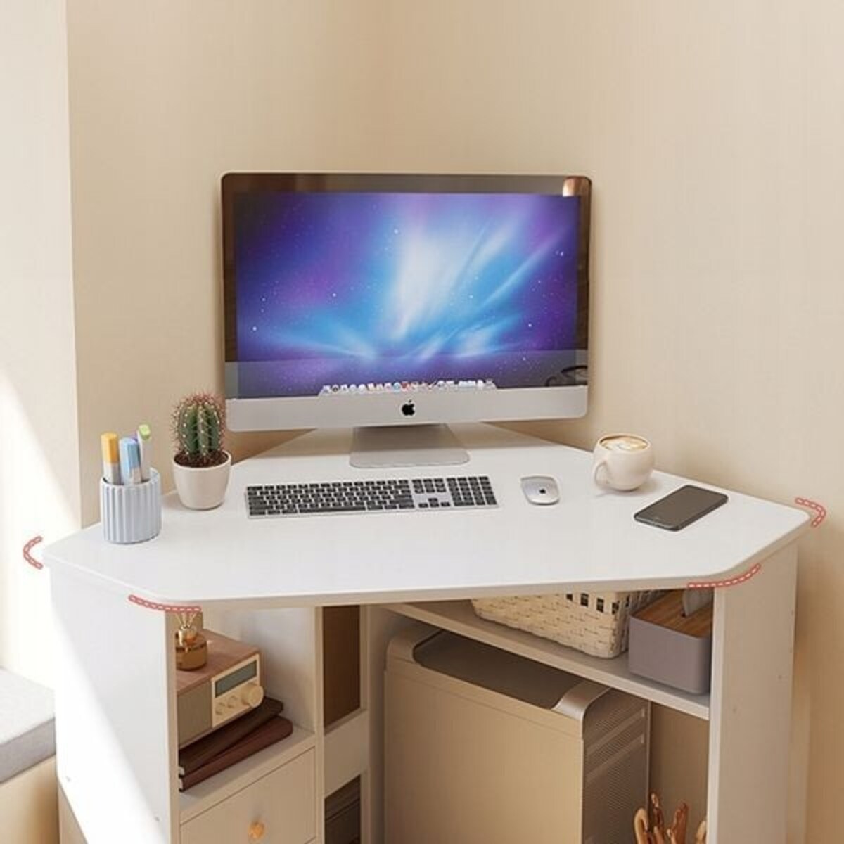 Biurko Narożne Trójkątne Komputerowe Z Półkami Nowoczesne Białe Loft