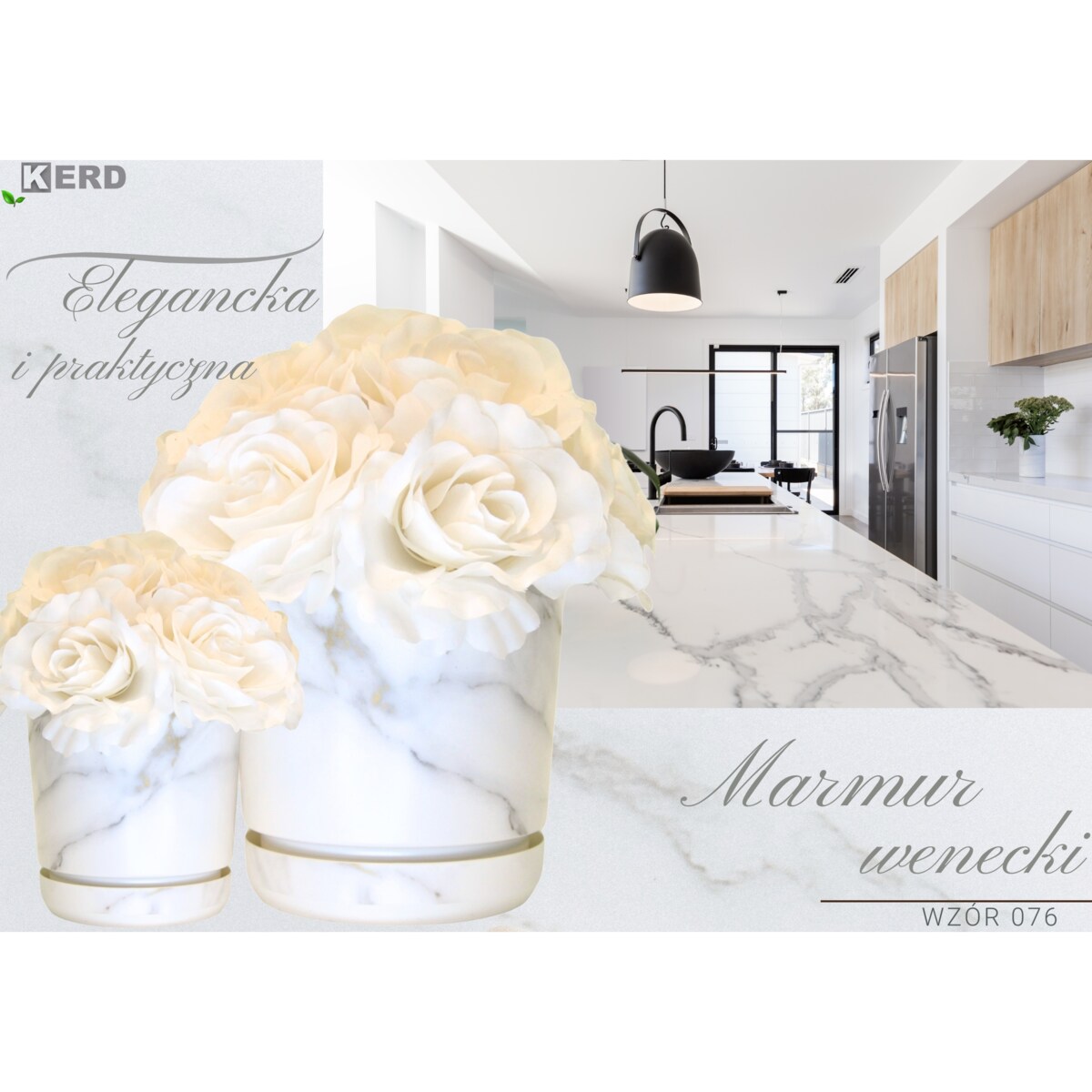 32 cm wzór MARMUR WENECKI Doniczka z podstawką biała + szare złote el. imitacja kamienia wykoń. satynowe matowe stiuk