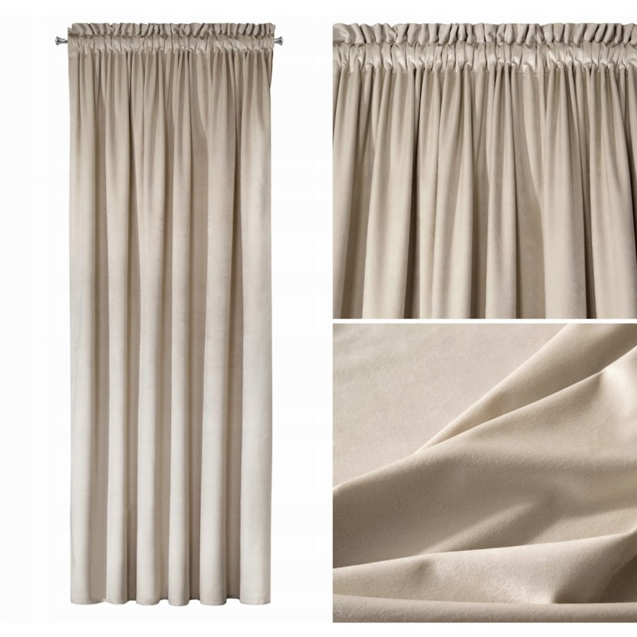 Aksamitna Zasłona Welurowa Velvet na Taśmie Kółkach 140 x 270 Beżowa Gotowa