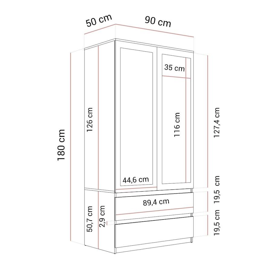 Dwudrzwiowa szafa HANA SS-90 z lustrem, biała