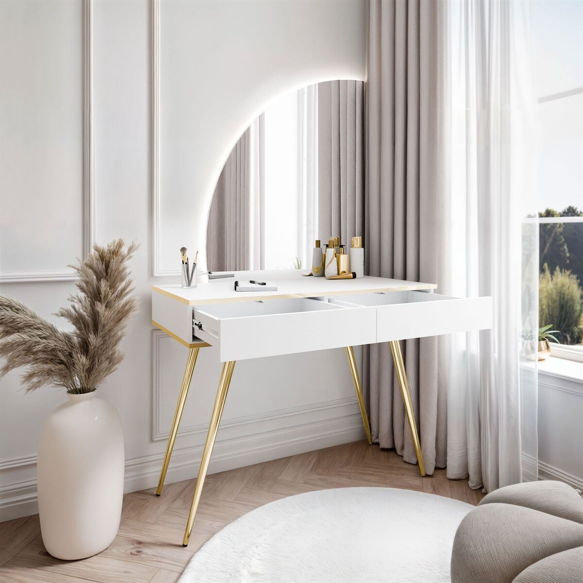 Toaletka OXFORD z lustrem i oświetleniem LED, lewa, biała