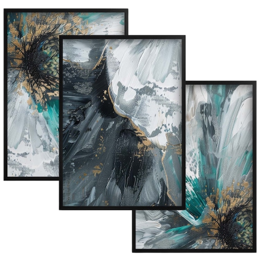 Komplet Plakatów na ścianę Obrazy ścienne do salonu Złote Kwiaty Akwarela