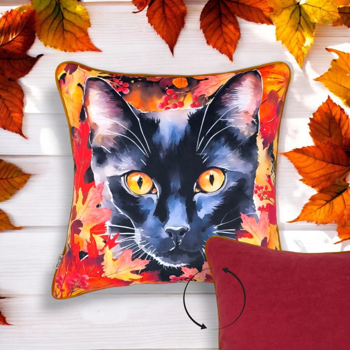 Poduszka dekoracyjna z Czarnym Kotem 40x40 Jesienne Liście