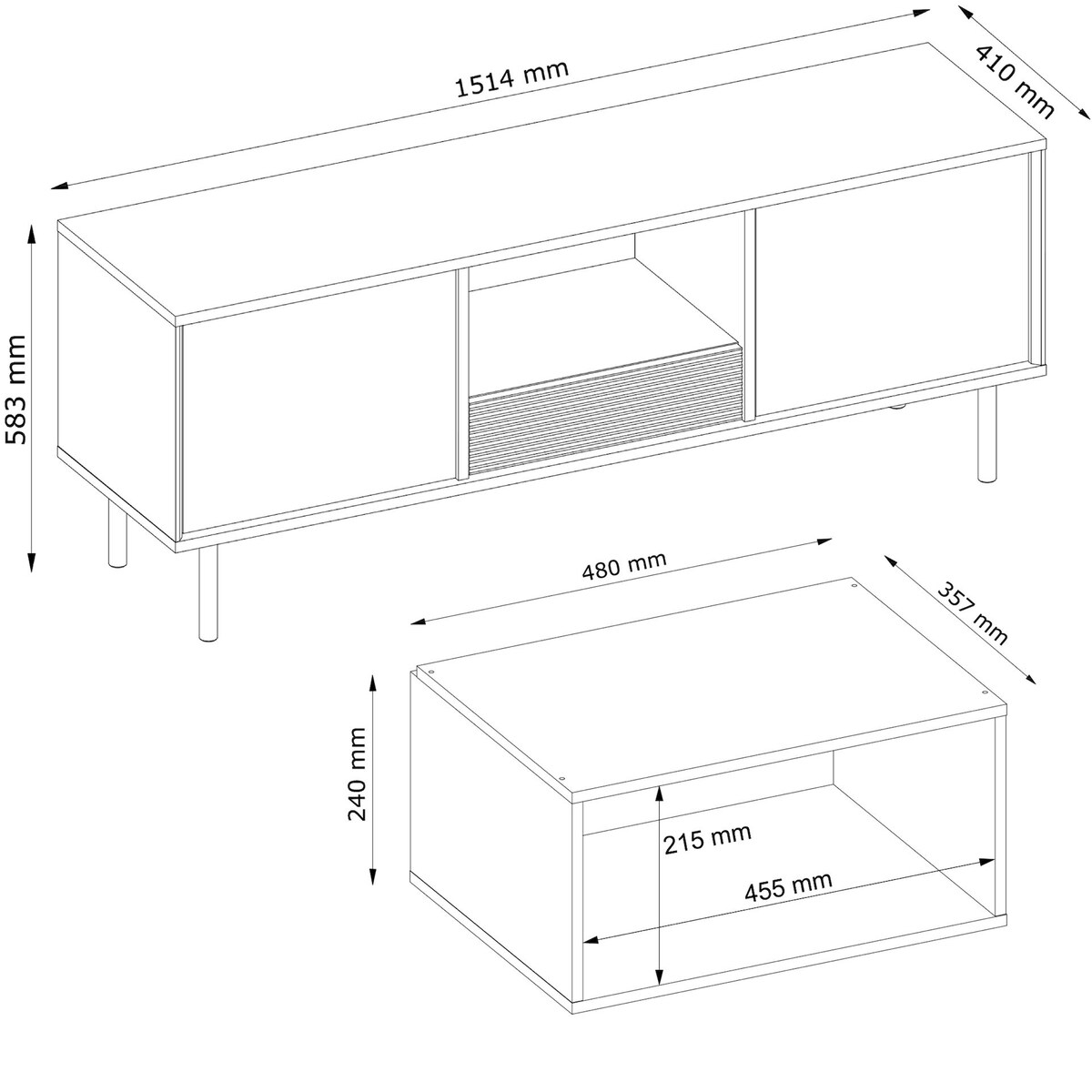 KONSIMO LOFTY Czarna szafka RTV w stylu loft z ryflowanym wykończeniem