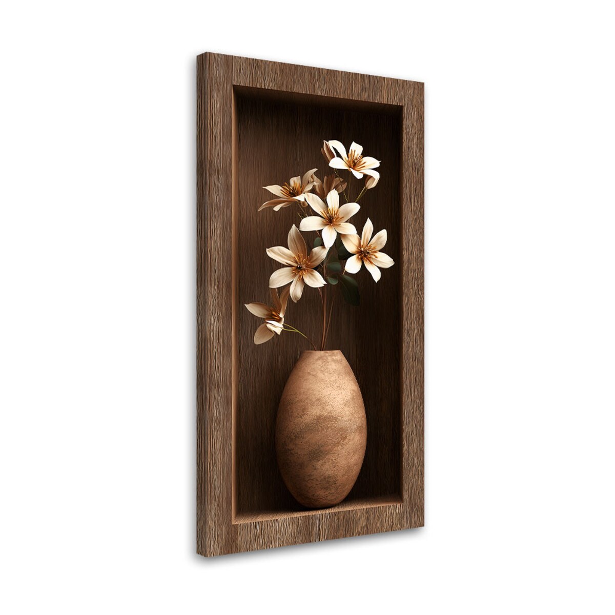 Obraz do salonu przedpokoju, Kwiaty w brązowej drewnianej wnęce 3d 60x120