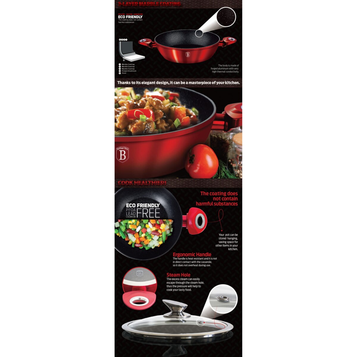 Garnek z powłoką granitową wok 32cm 4.9L BERLINGER HAUS Metallic Burgundy