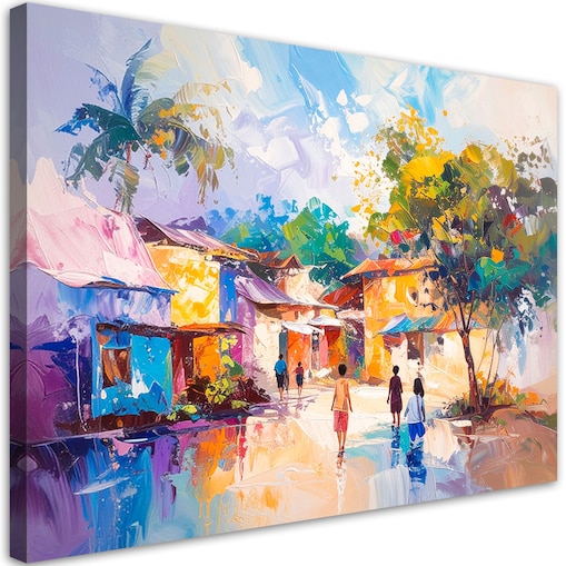 Obraz do pokoju dziecka salonu biura kuchni, Abstrakcja Kolorowa wioska domy ludzie 90x60 cm