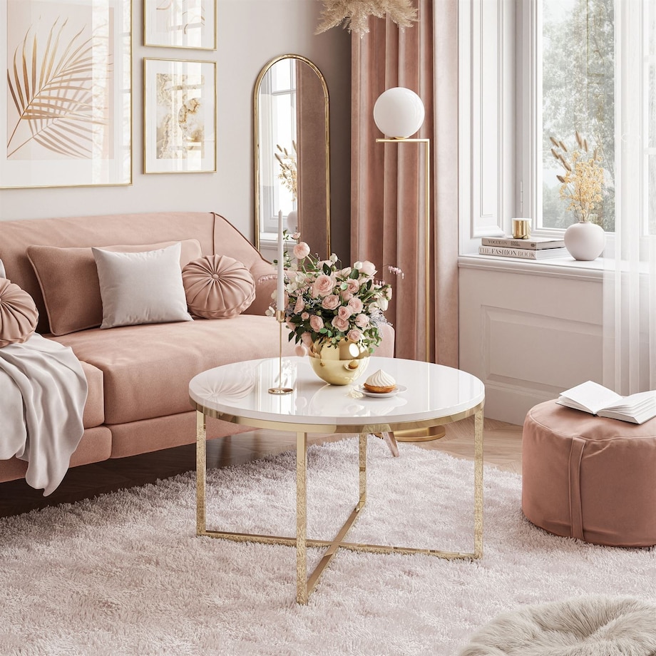 Okrągły stolik kawowy CIRI-X złoty chrom biały połysk