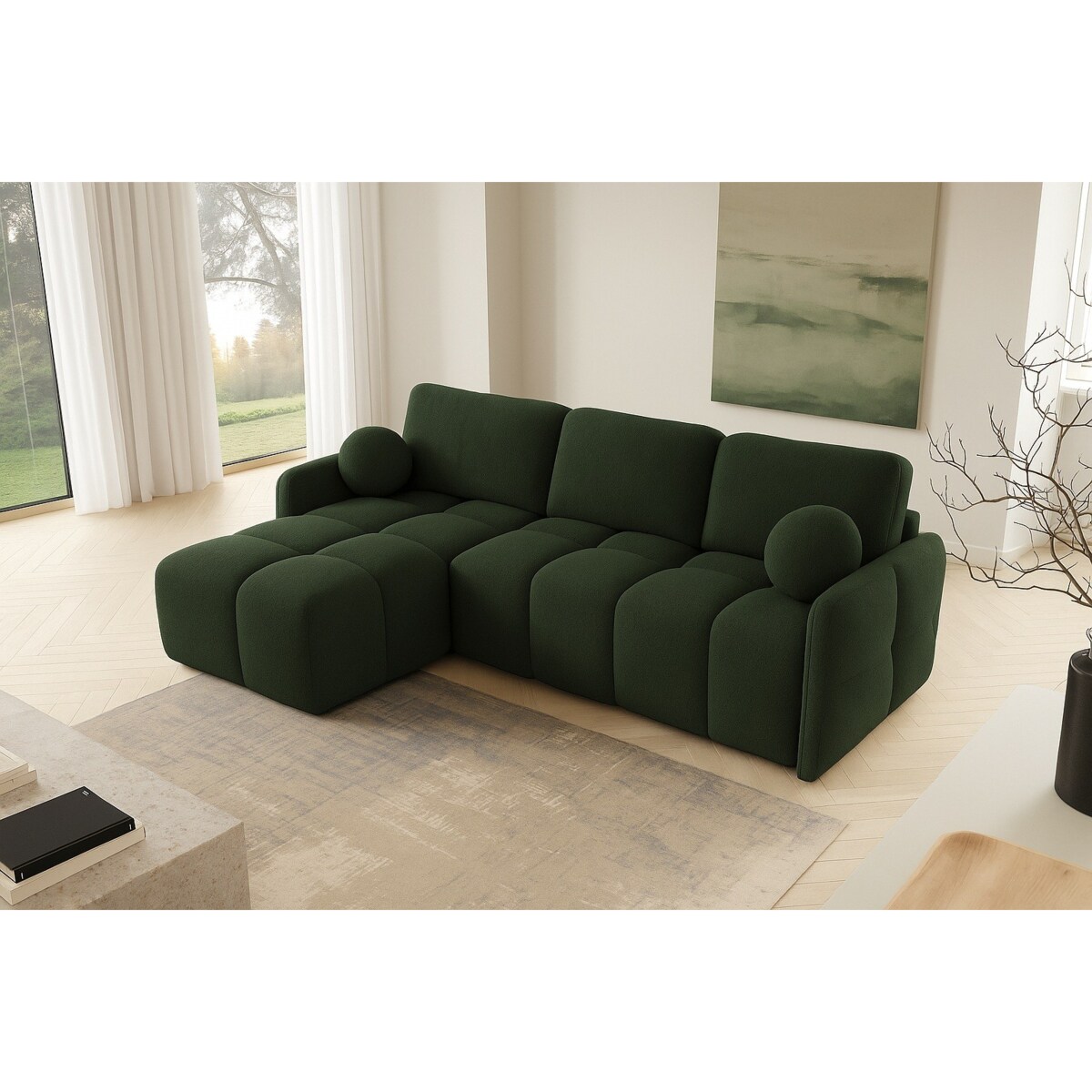 Narożnik MONO z funkcją spania i ozdobnymi poduszkami lewy, zielony