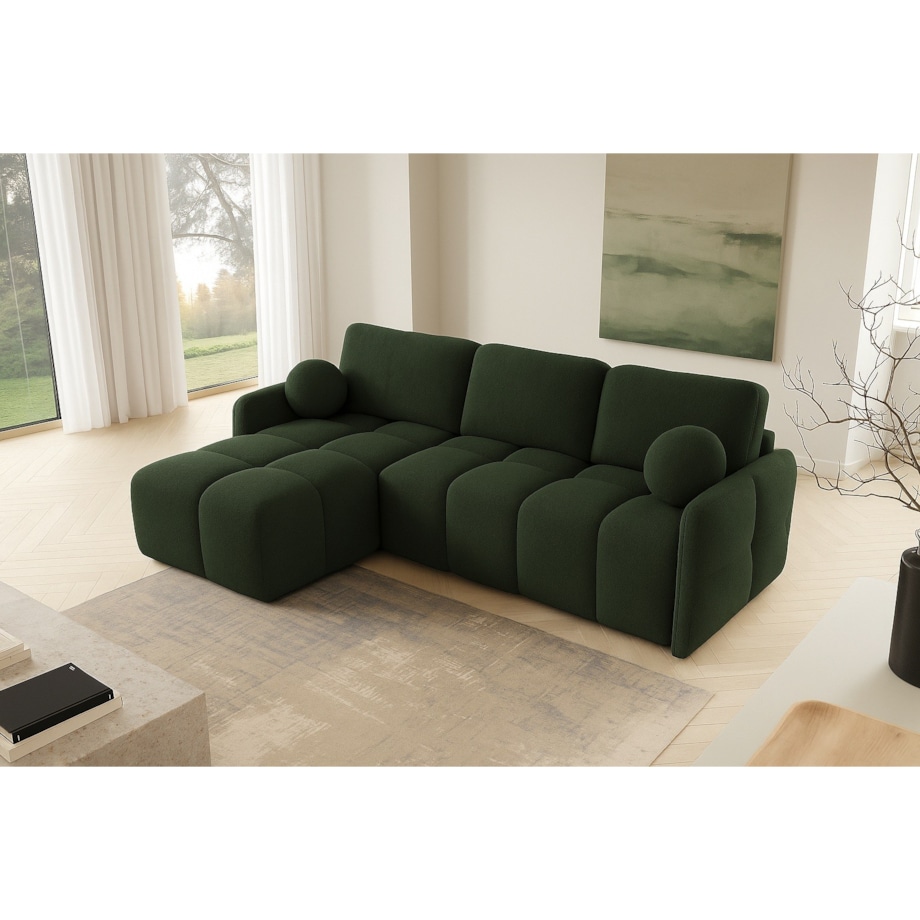 Narożnik MONO z funkcją spania i ozdobnymi poduszkami lewy, zielony