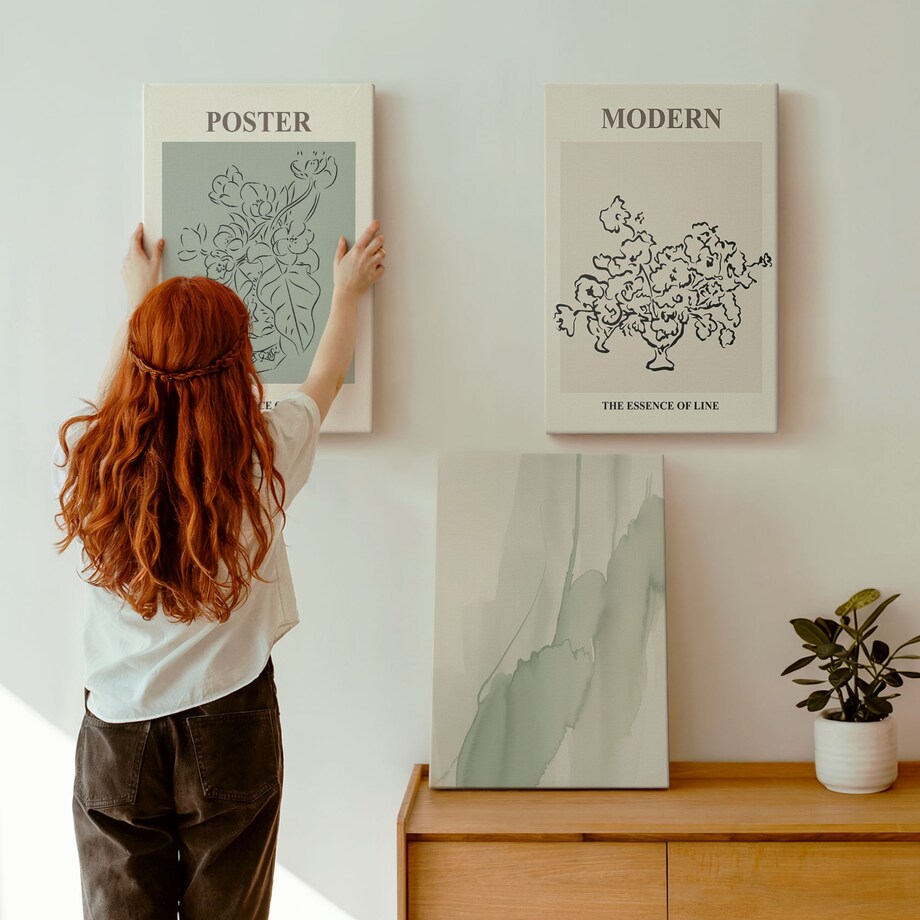 Zestaw 3 dużych obrazów na płótnie - Kwiaty w nowoczesnym wazonie - zielony