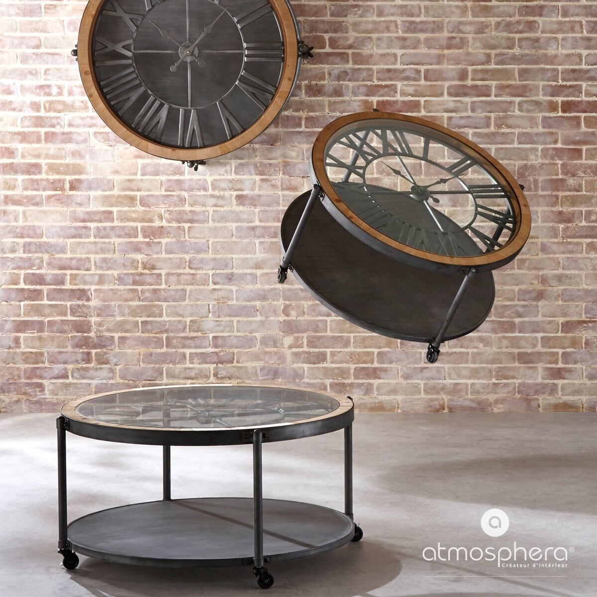 Stolik kawowy z motywem zegara, metalowy z blatem, Ø 90 cm
