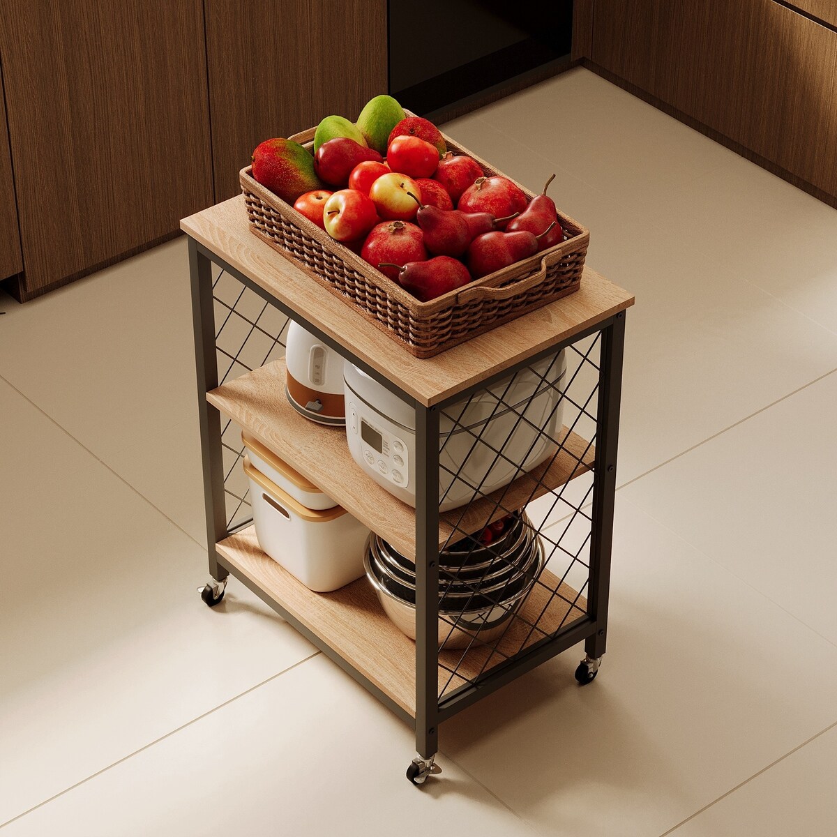Szafka mobilna na kółkach jasny brązowy loft stolik wózek kuchenny 60 cm