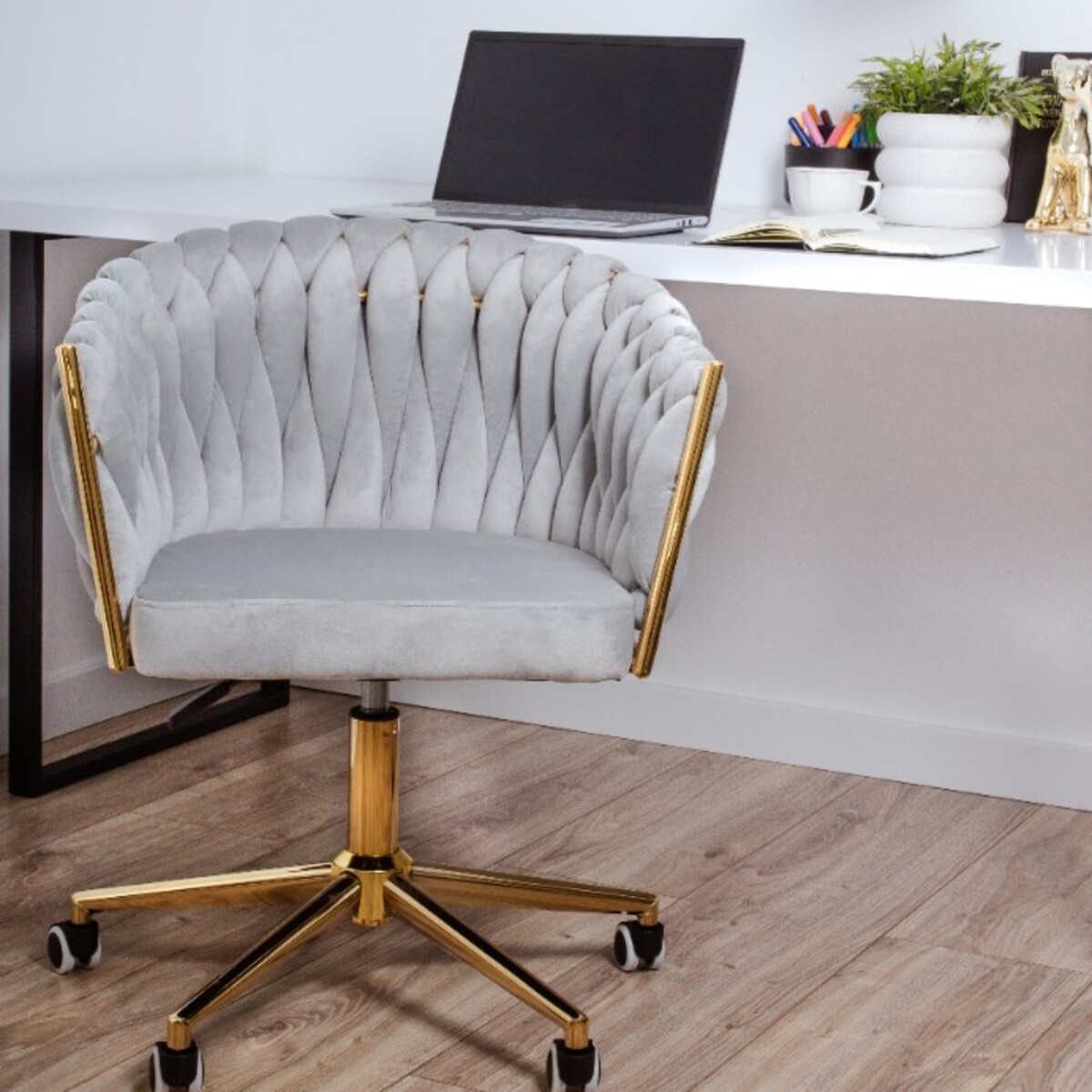 Fotel biurowy krzesło obrotowe regulowane welurowe szare