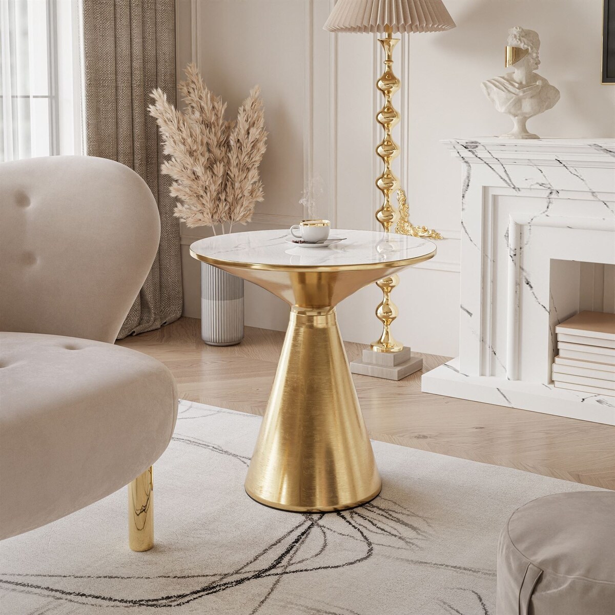 Okrągła ława CALEYA złoty biały połyskujący marmur