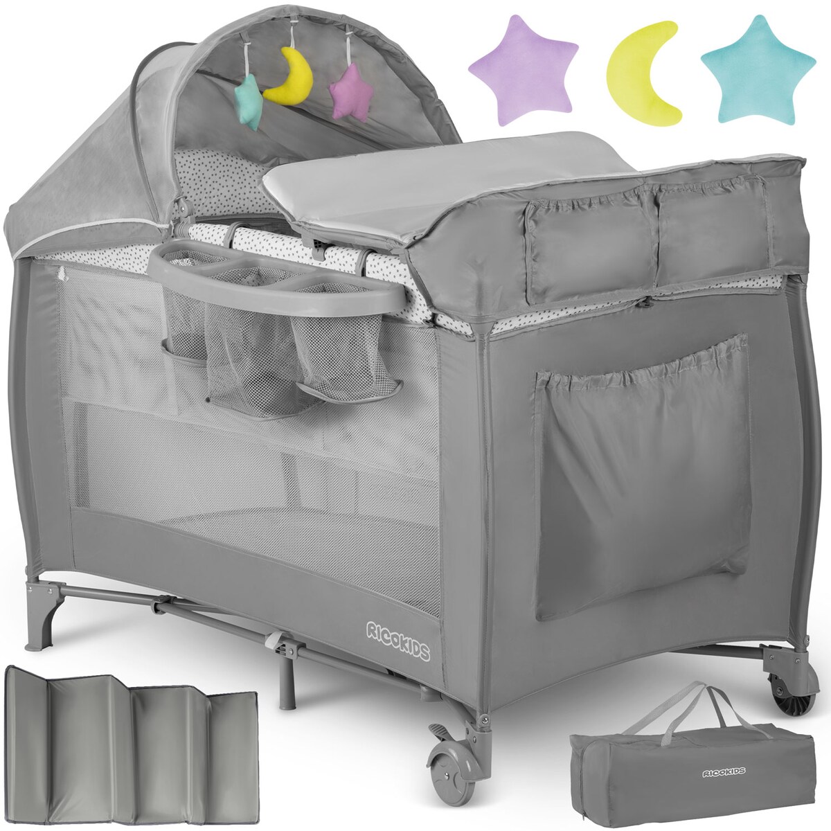 Łóżeczko turystyczne dla dziecka składane podróżne kojec Ricokids + materac + torba