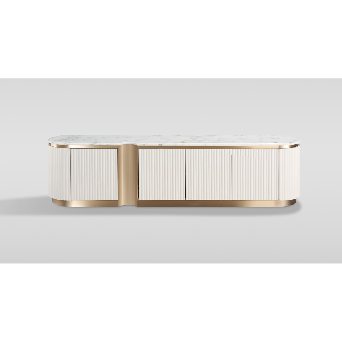 Ryflowana szafka RTV złota biała Nutris Glamour Premium z blatem marmurowym 200x40x50