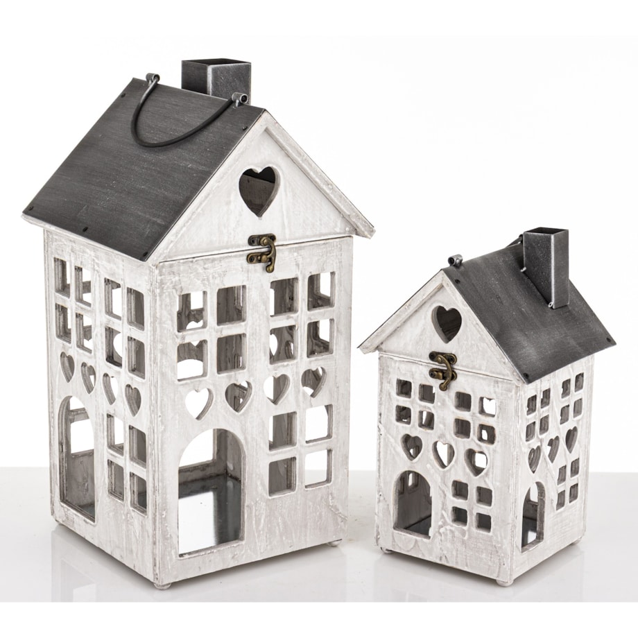 Lampion latarnia 2 szt. drewno-metal 48x23x22 cm 33x17x16 cm HUSKE szary