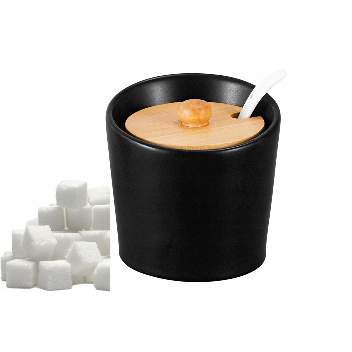 porcelana CUKIERNICZKA CZARNA z łyżeczką pokrywa bambus na cukier pojemnik