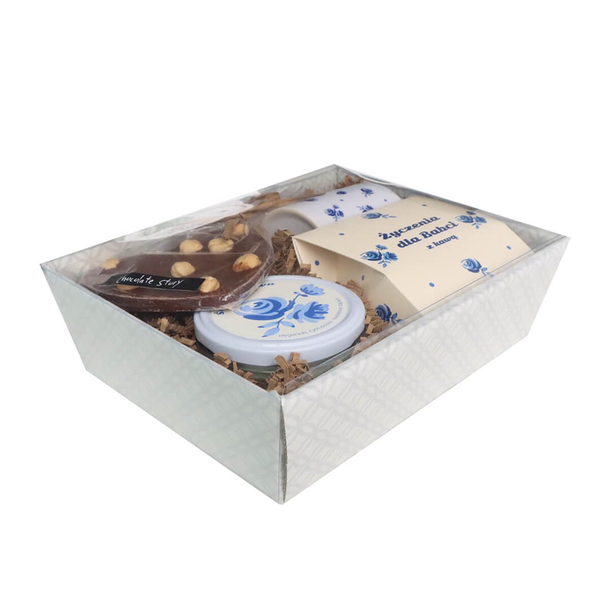 Gotowy zestaw prezentowy „Życzenia dla Babci” kawa aromatyzowana PREMIUM mix 5 saszetek kubek świeca czekoladowe serce prezent upominek na Dzień Babci