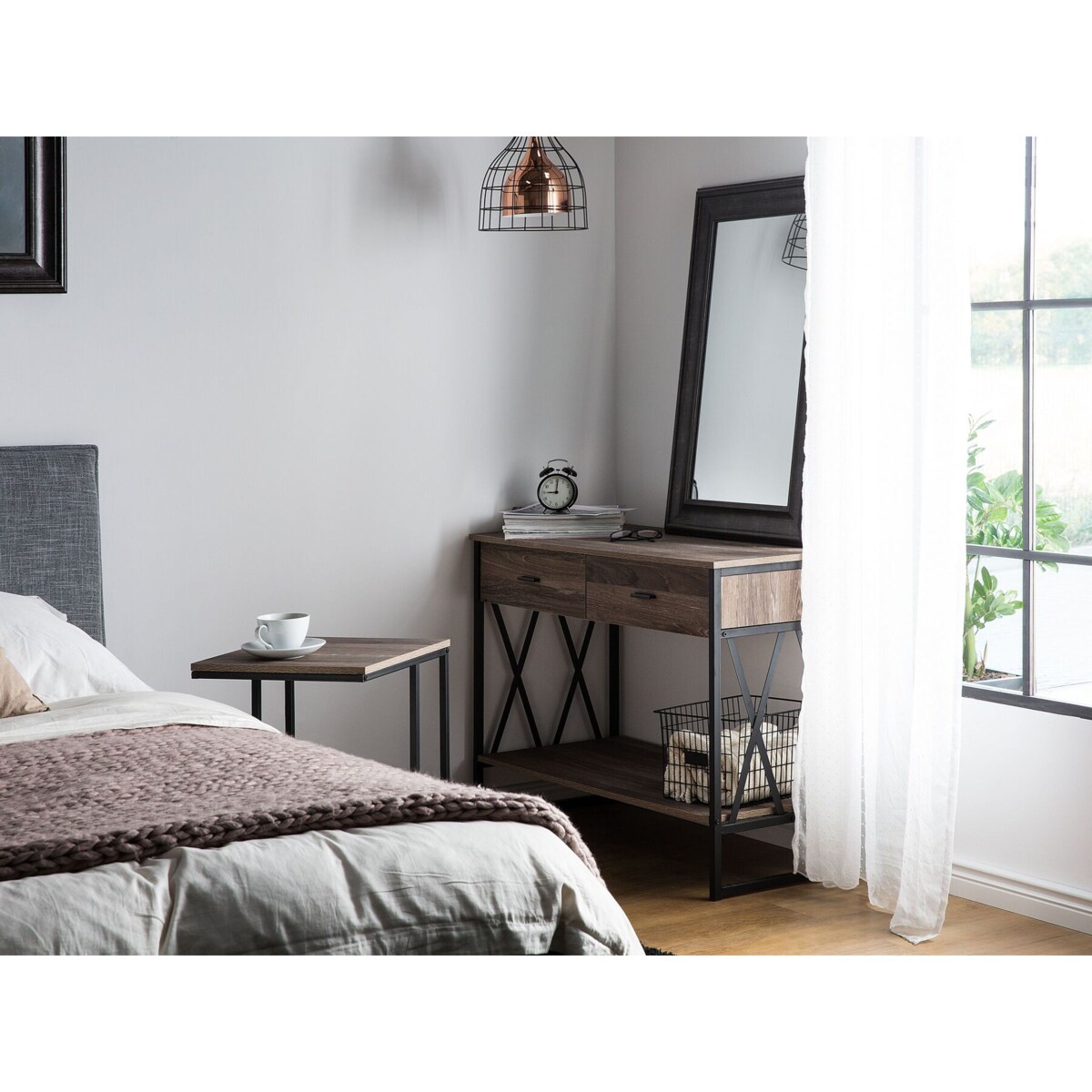 Konsola 2 szuflady brązowoszare drewno z czarnym AYDEN